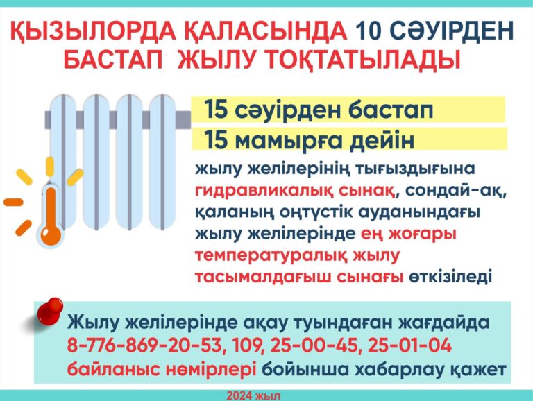 ҚЫЗЫЛОРДА ҚАЛАСЫНДА 10 СӘУІРДЕН БАСТАП ЖЫЛУ ТОҚТАТЫЛАДЫ